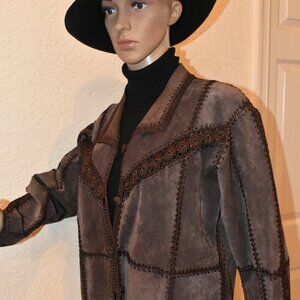 Vintage Kroshetta by Papillon Brown Suede and crochet patchwork jacket Size XL